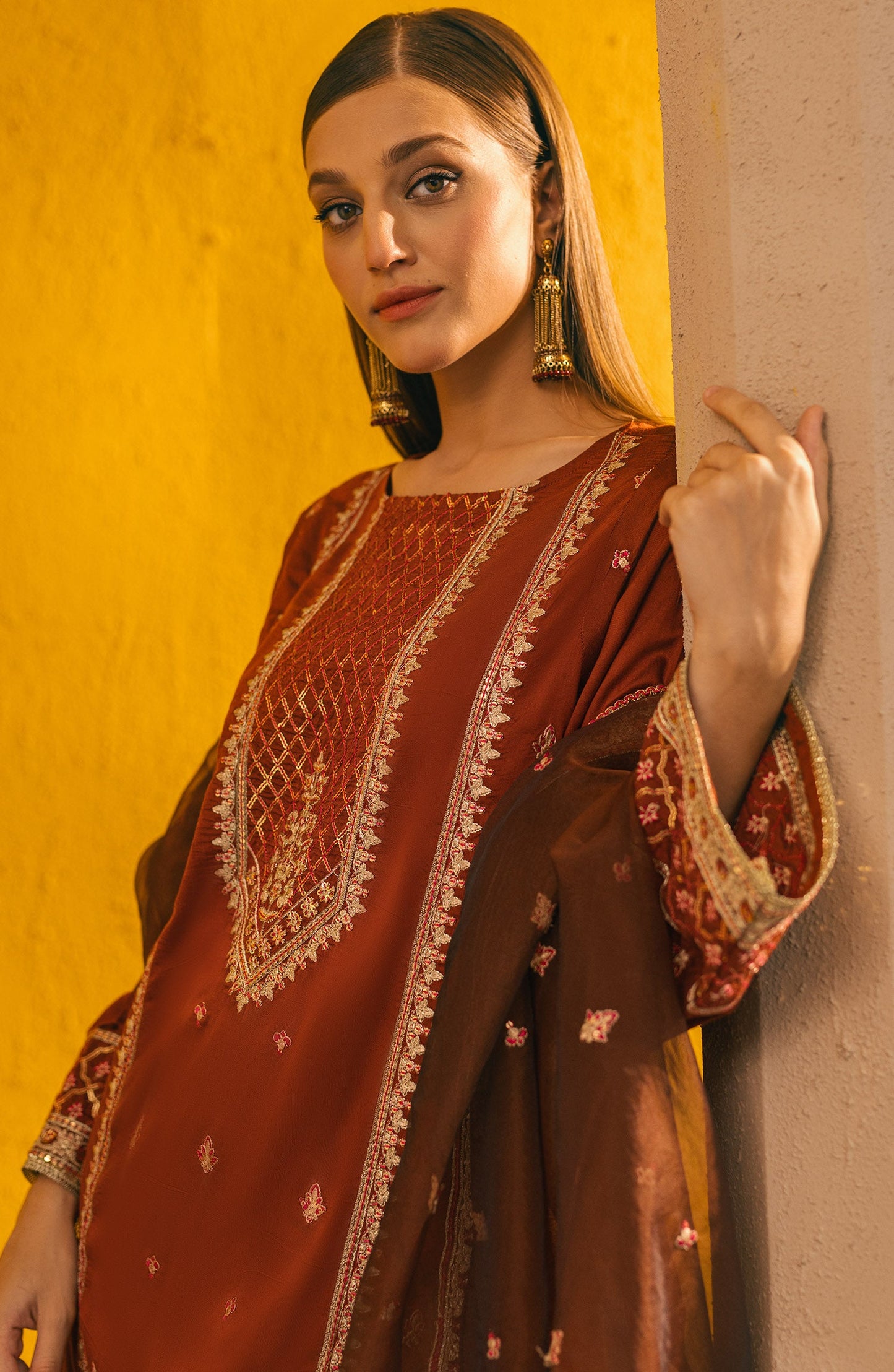 Orient - Stitched 3 Piece Embroidered Cotton Silk Shirt , Cotton Silk Pant and Organza Dupatta