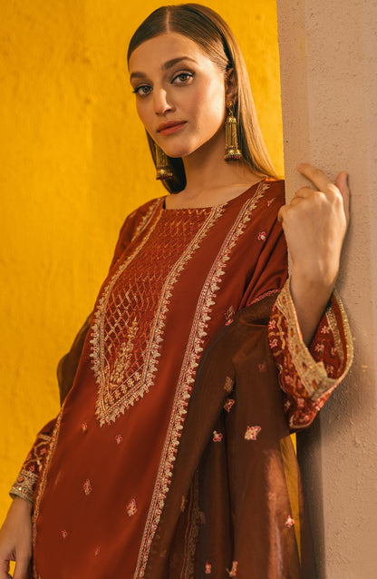 Orient - Stitched 3 Piece Embroidered Cotton Silk Shirt , Cotton Silk Pant and Organza Dupatta