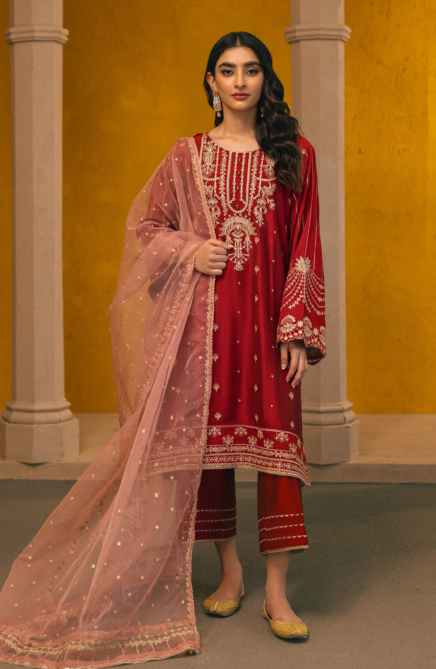 Orient - Stitched 3 Piece Embroidered Cotton Silk Shirt , Cotton Silk Pant and Poly Net Dupatta