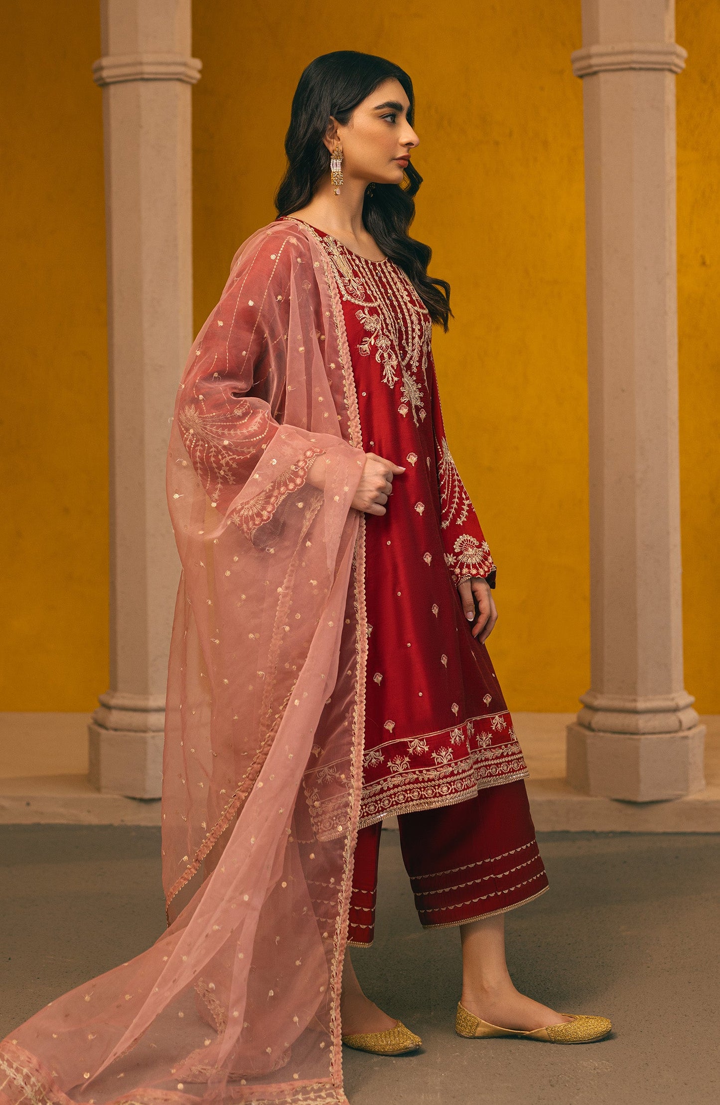 Orient - Stitched 3 Piece Embroidered Cotton Silk Shirt , Cotton Silk Pant and Poly Net Dupatta