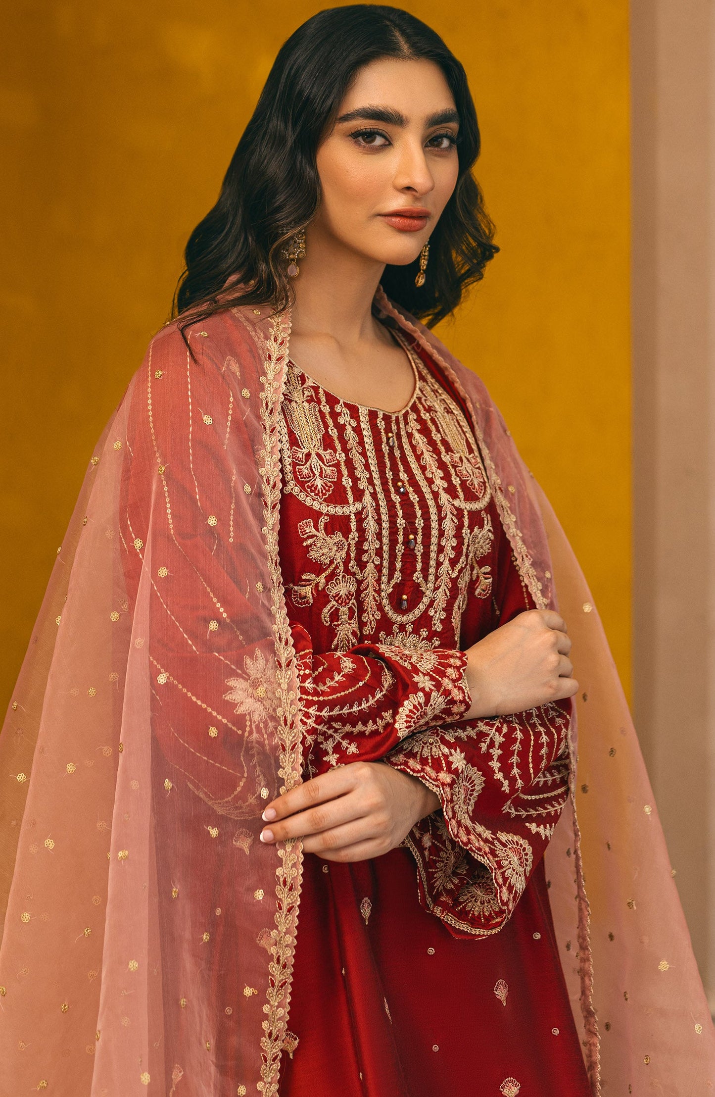 Orient - Stitched 3 Piece Embroidered Cotton Silk Shirt , Cotton Silk Pant and Poly Net Dupatta