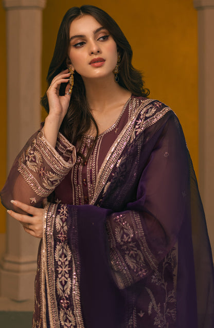 Orient - Stitched 3 Piece Embroidered Organza Shirt , Raw Silk Pant and Organza Dupatta