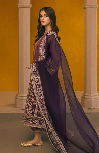 Orient - Stitched 3 Piece Embroidered Organza Shirt , Raw Silk Pant and Organza Dupatta