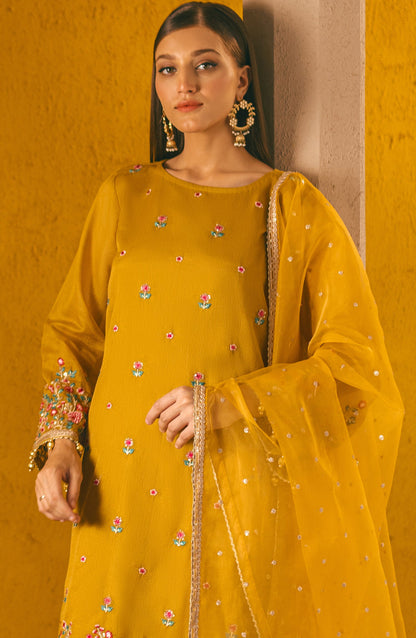 Orient - Stitched 3 Piece Embroidered Cotton Net Shirt , Raw Silk Pant and Organza Dupatta