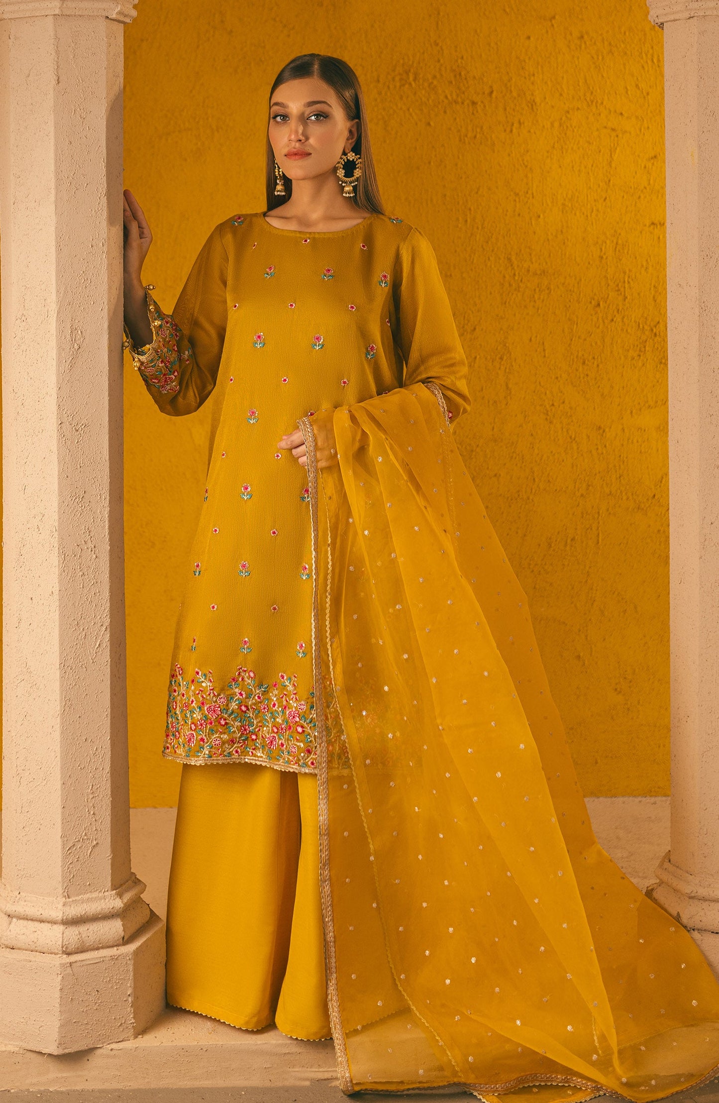 Orient - Stitched 3 Piece Embroidered Cotton Net Shirt , Raw Silk Pant and Organza Dupatta