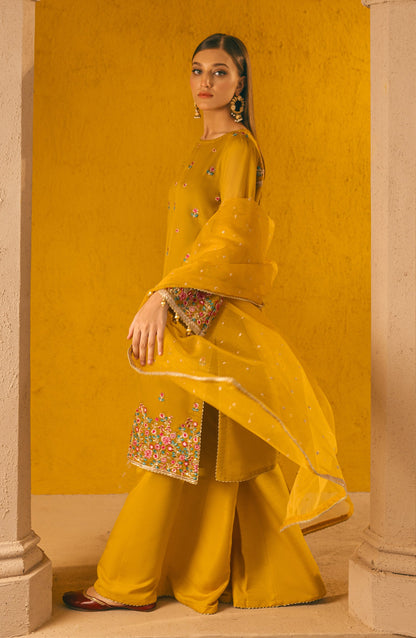 Orient - Stitched 3 Piece Embroidered Cotton Net Shirt , Raw Silk Pant and Organza Dupatta