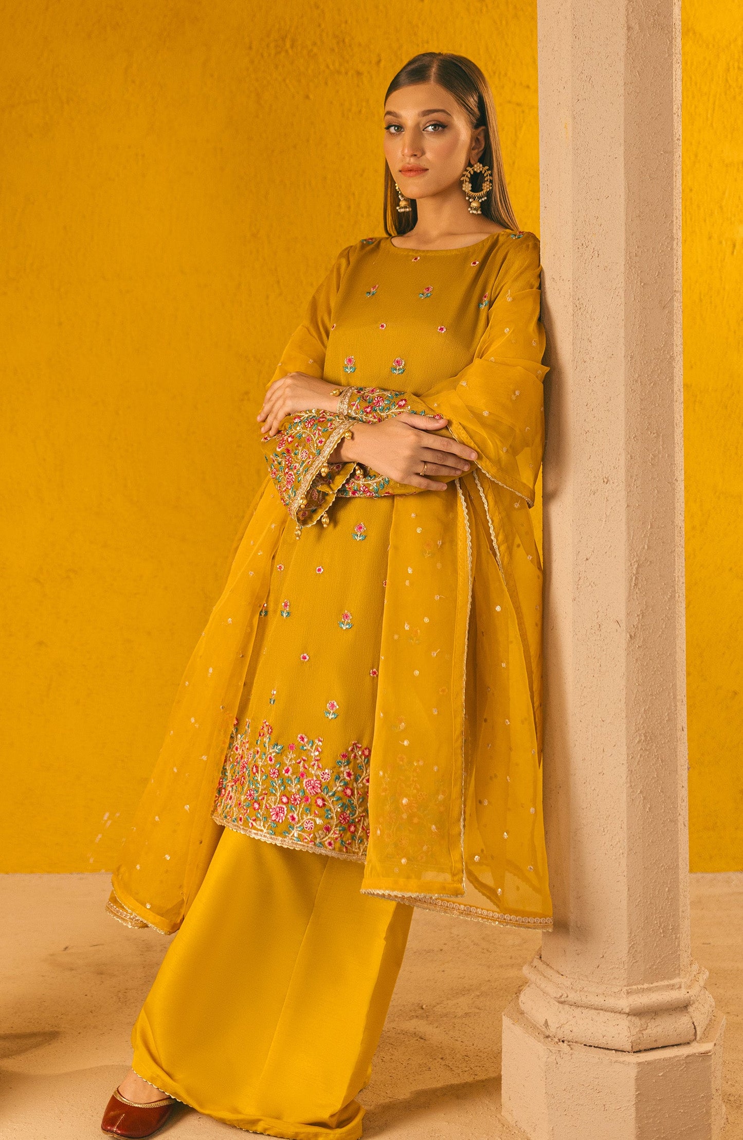 Orient - Stitched 3 Piece Embroidered Cotton Net Shirt , Raw Silk Pant and Organza Dupatta
