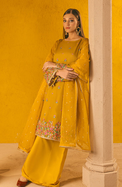 Orient - Stitched 3 Piece Embroidered Cotton Net Shirt , Raw Silk Pant and Organza Dupatta