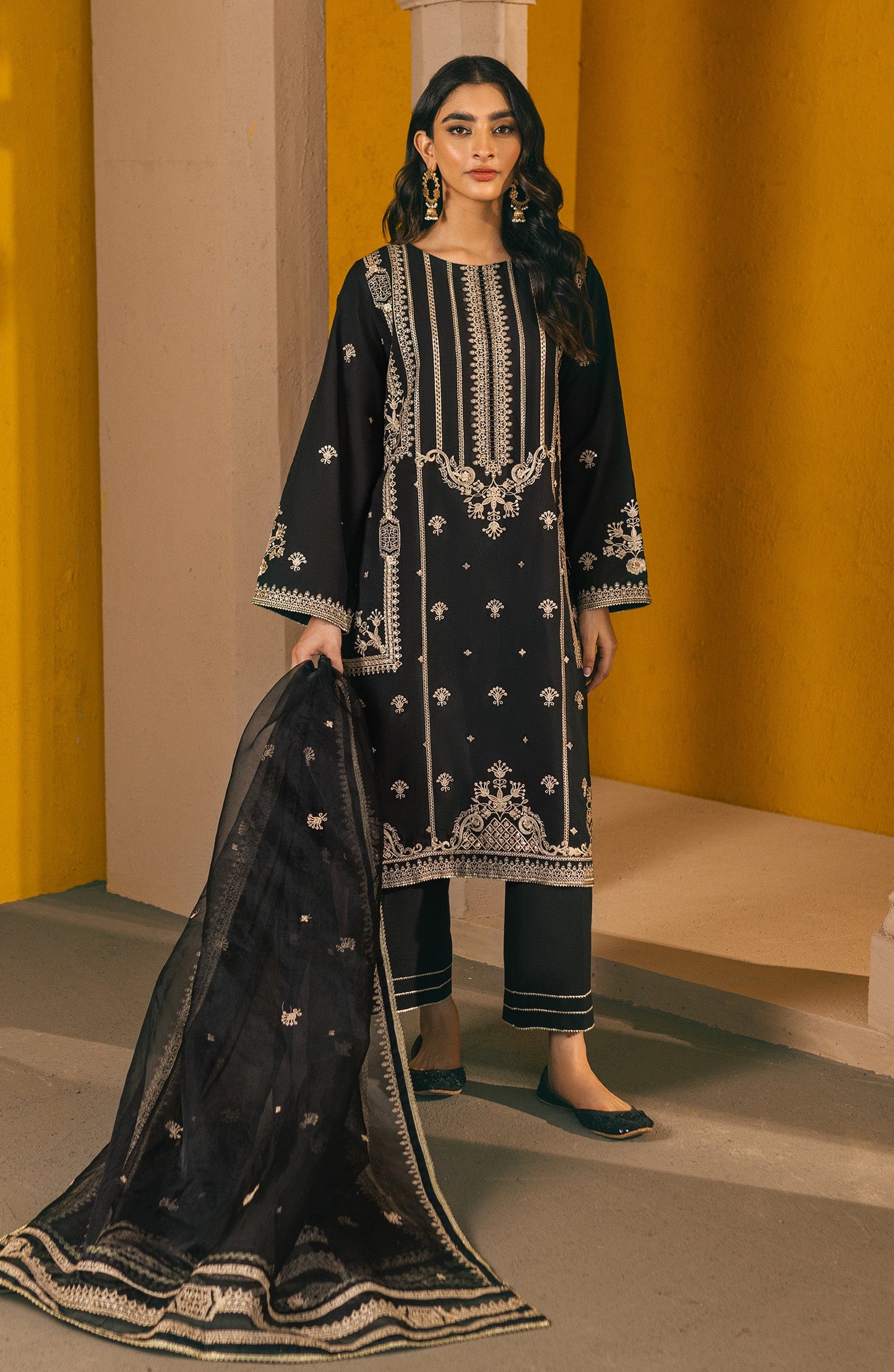 Orient - Stitched 3 Piece Embroidered Cotton Silk Shirt , Cotton Silk Pant and Organza Dupatta
