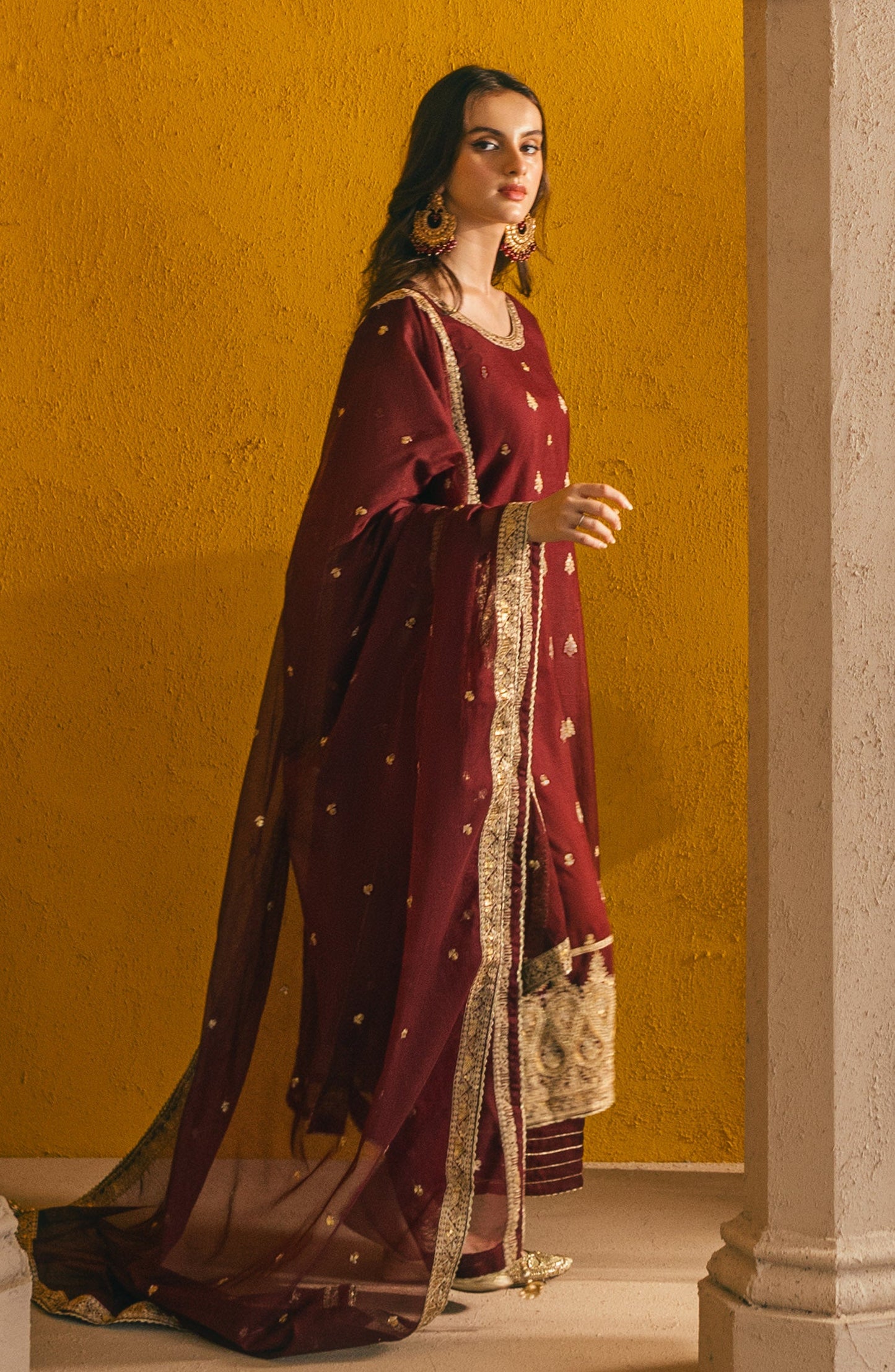 Orient - Stitched 3 Piece Embroidered Khaddi Net Shirt , Raw Silk Pant and Khaddi Net Dupatta