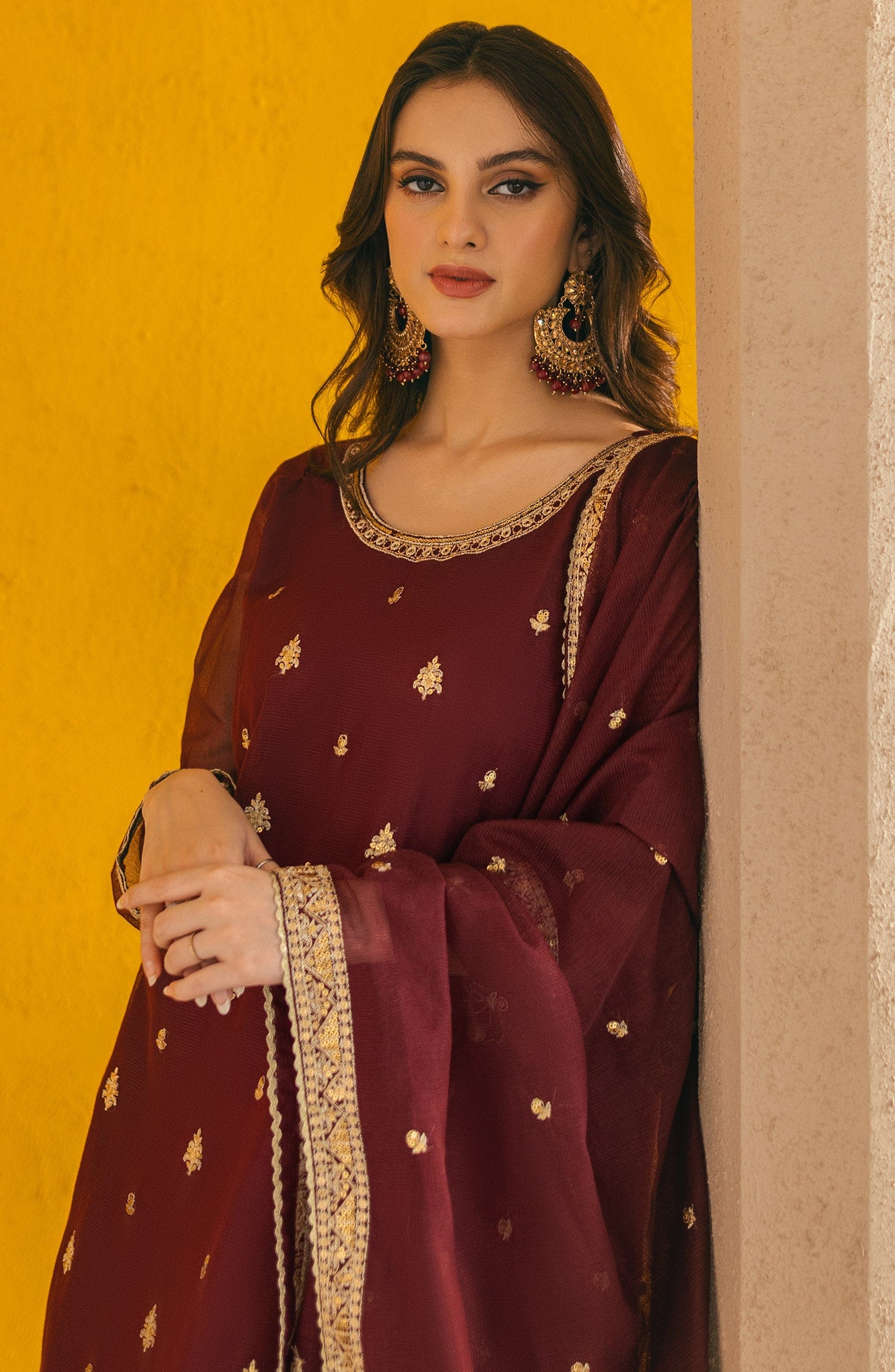 Orient - Stitched 3 Piece Embroidered Khaddi Net Shirt , Raw Silk Pant and Khaddi Net Dupatta