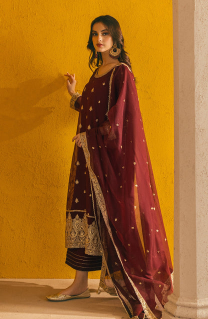 Orient - Stitched 3 Piece Embroidered Khaddi Net Shirt , Raw Silk Pant and Khaddi Net Dupatta