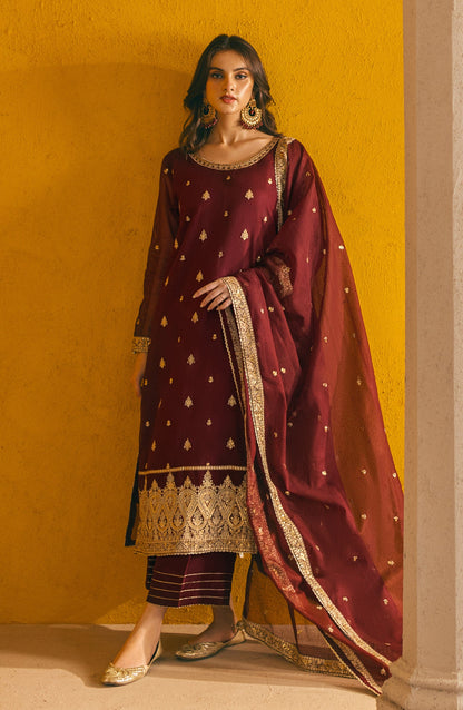 Orient - Stitched 3 Piece Embroidered Khaddi Net Shirt , Raw Silk Pant and Khaddi Net Dupatta