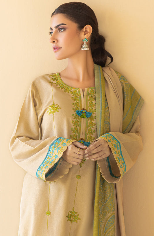 Orient - Unstitched 3 Piece Embroidered Karandi Shirt , Karandi Pant and Jacquard Shawl