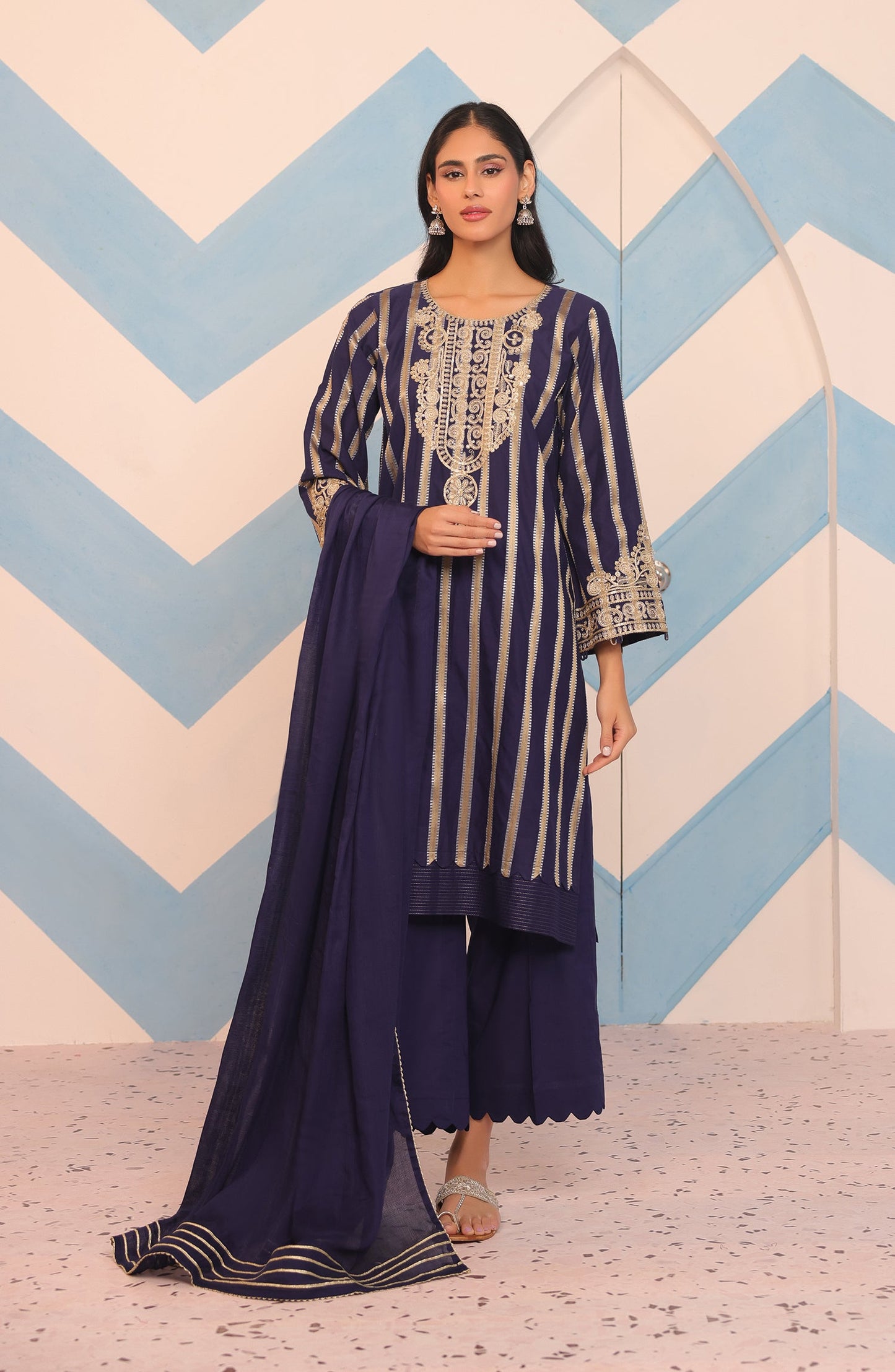 Orient - Stitched 3 Piece Embroidered Jacquard Shirt , Cambric Pant and Dobby Net Dupatta