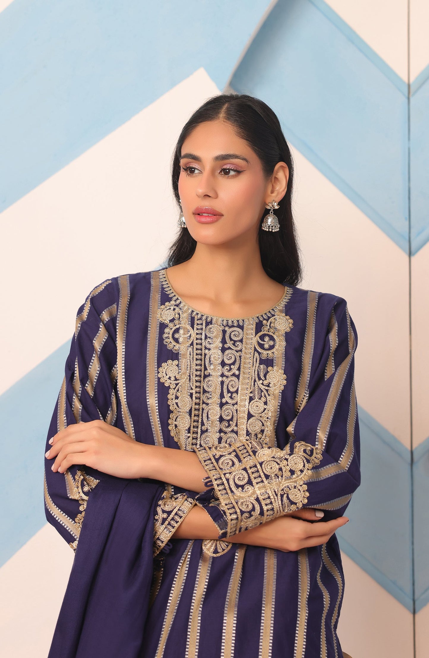 Orient - Stitched 3 Piece Embroidered Jacquard Shirt , Cambric Pant and Dobby Net Dupatta