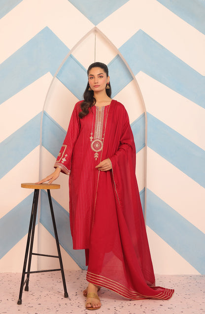 Orient - Stitched 3 Piece Embroidered Jacquard Shirt , Cambric Pant and Dobby Net Dupatta