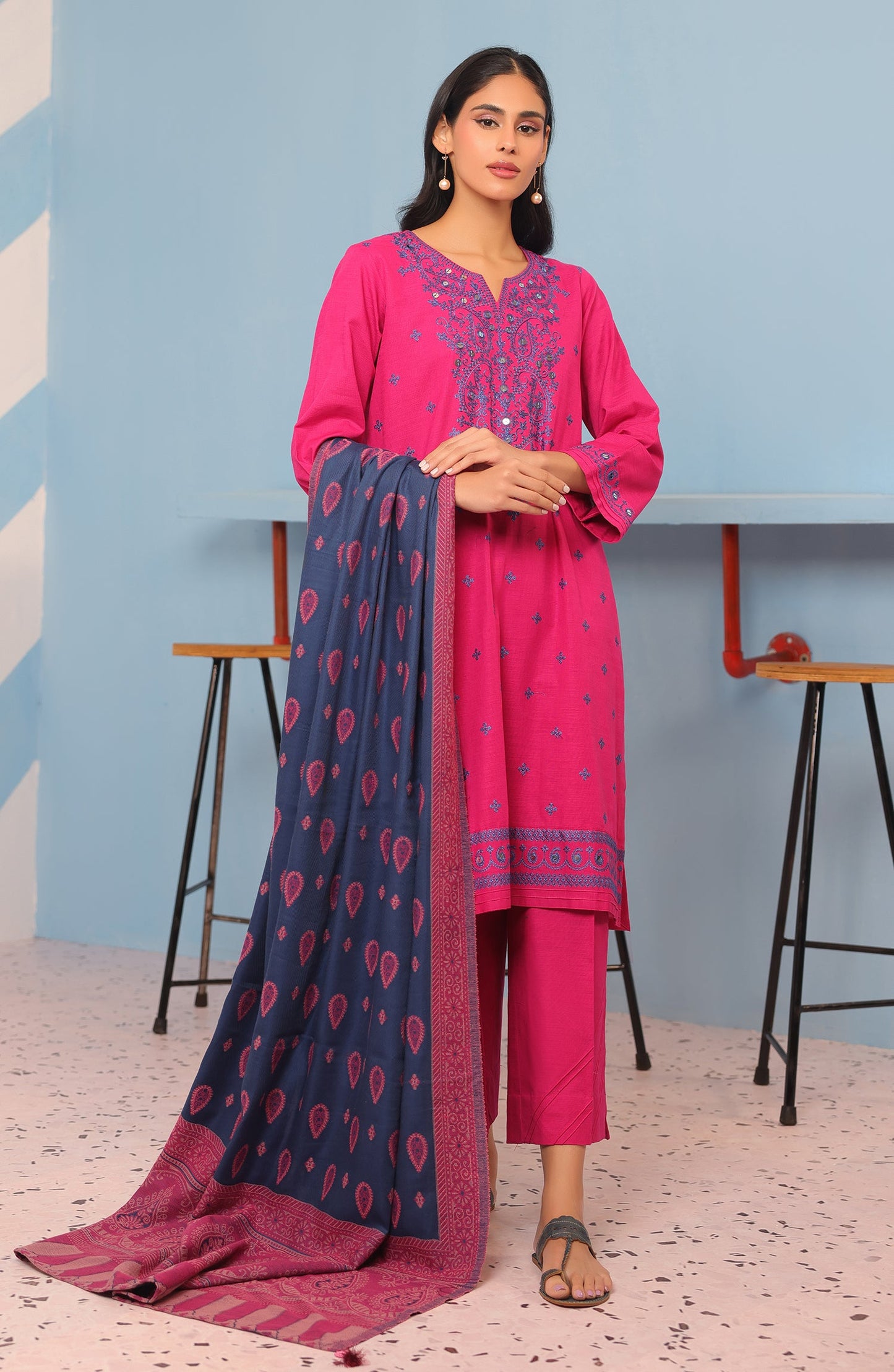 Orient - Stitched 3 Piece Embroidered Khaddar Shirt , Khaddar Pant and JACQUARD Dupatta