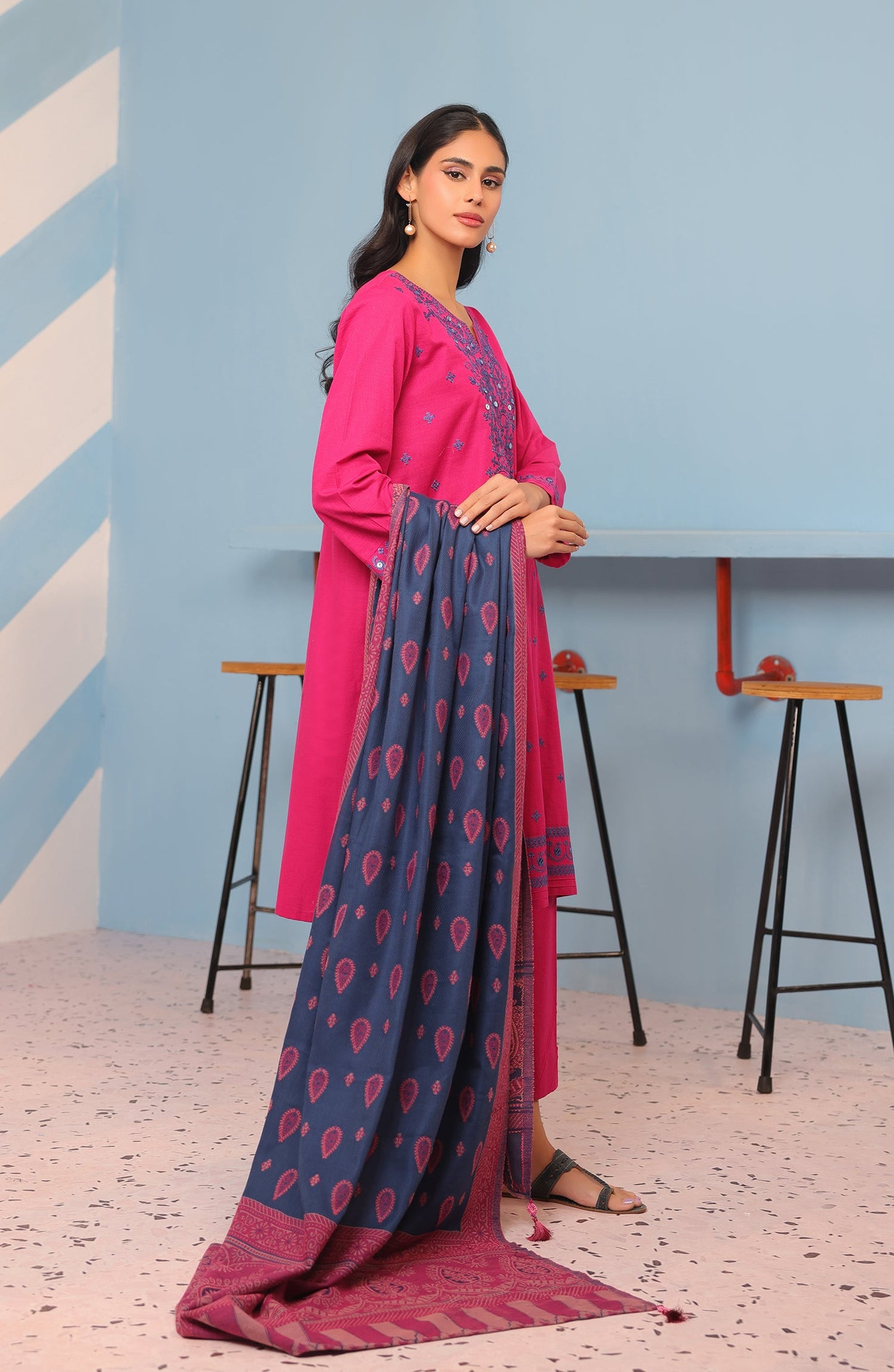 Orient - Stitched 3 Piece Embroidered Khaddar Shirt , Khaddar Pant and JACQUARD Dupatta
