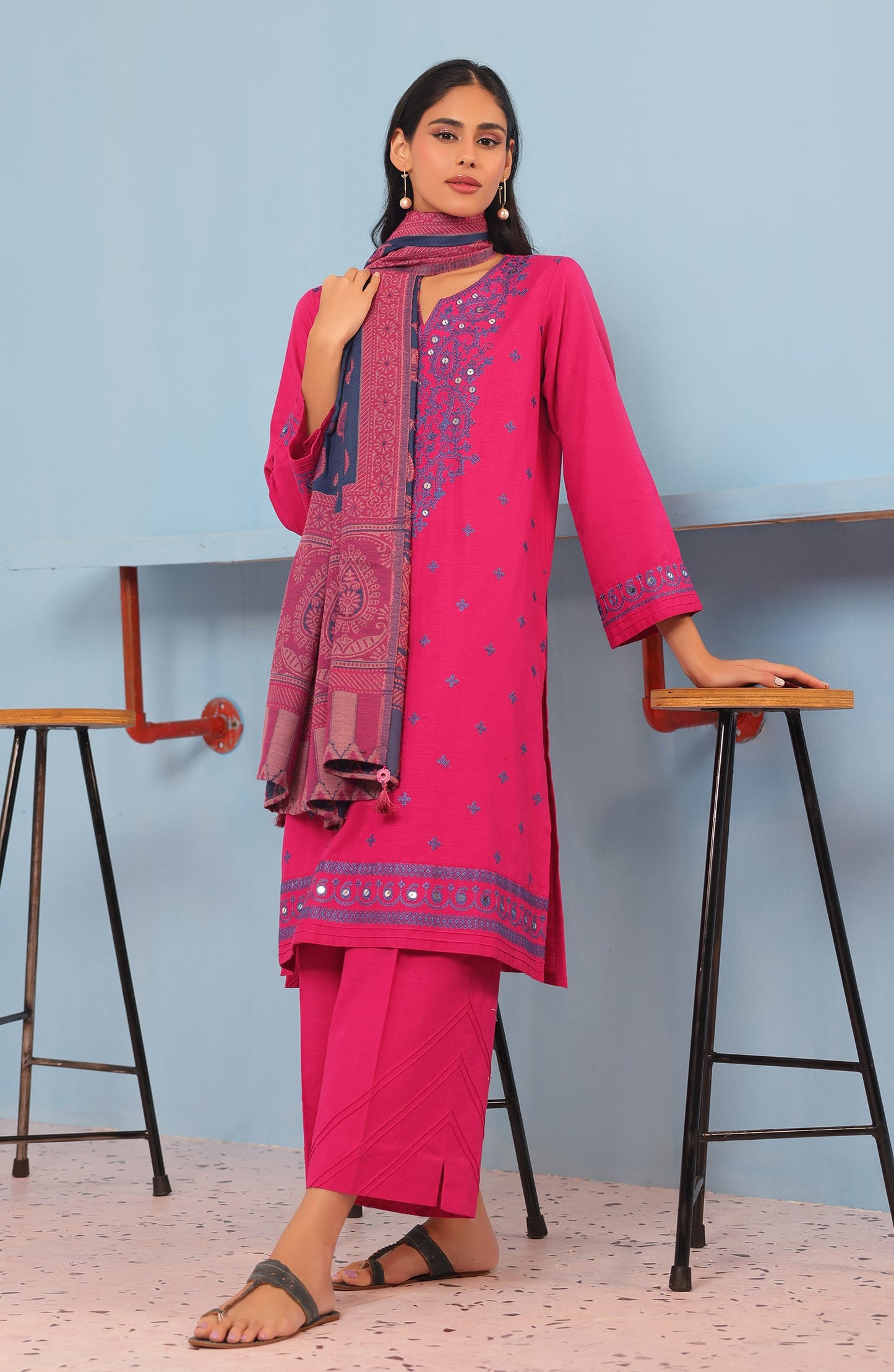 Orient - Stitched 3 Piece Embroidered Khaddar Shirt , Khaddar Pant and JACQUARD Dupatta