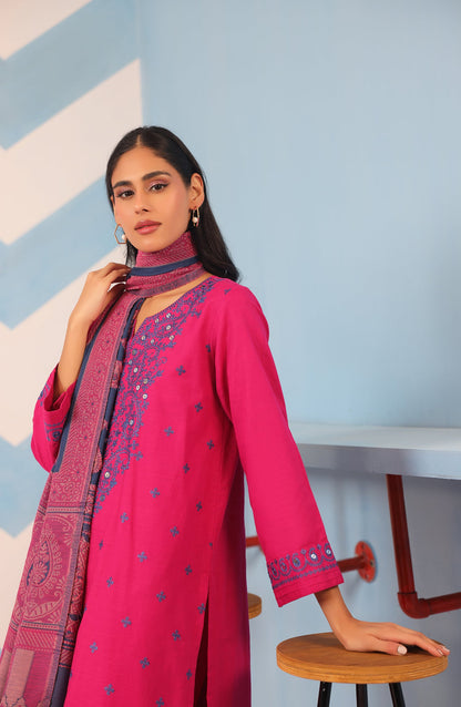 Orient - Stitched 3 Piece Embroidered Khaddar Shirt , Khaddar Pant and JACQUARD Dupatta