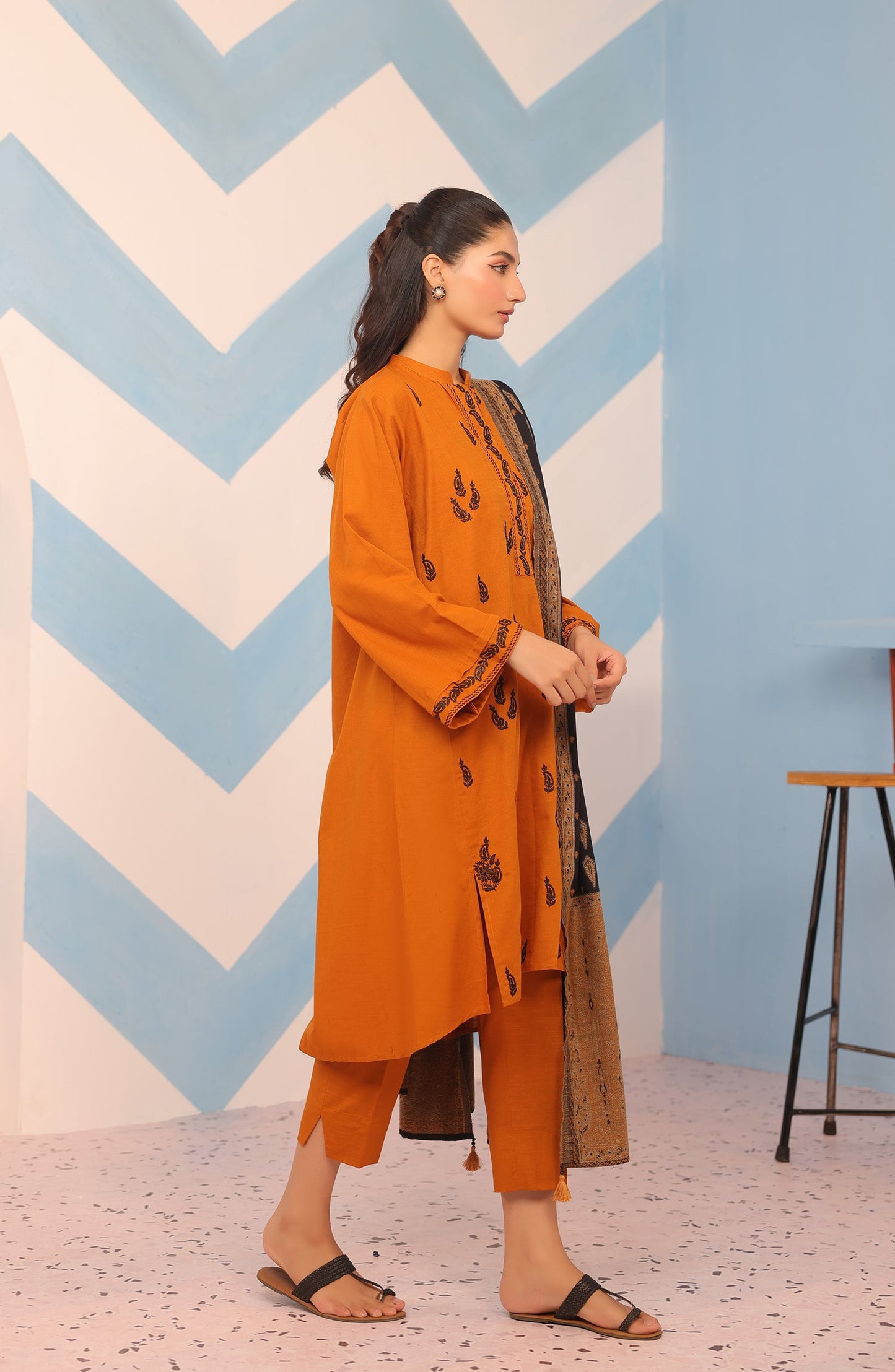 Orient - Stitched 3 Piece Embroidered Khaddar Shirt , Khaddar Pant and JACQUARD Dupatta