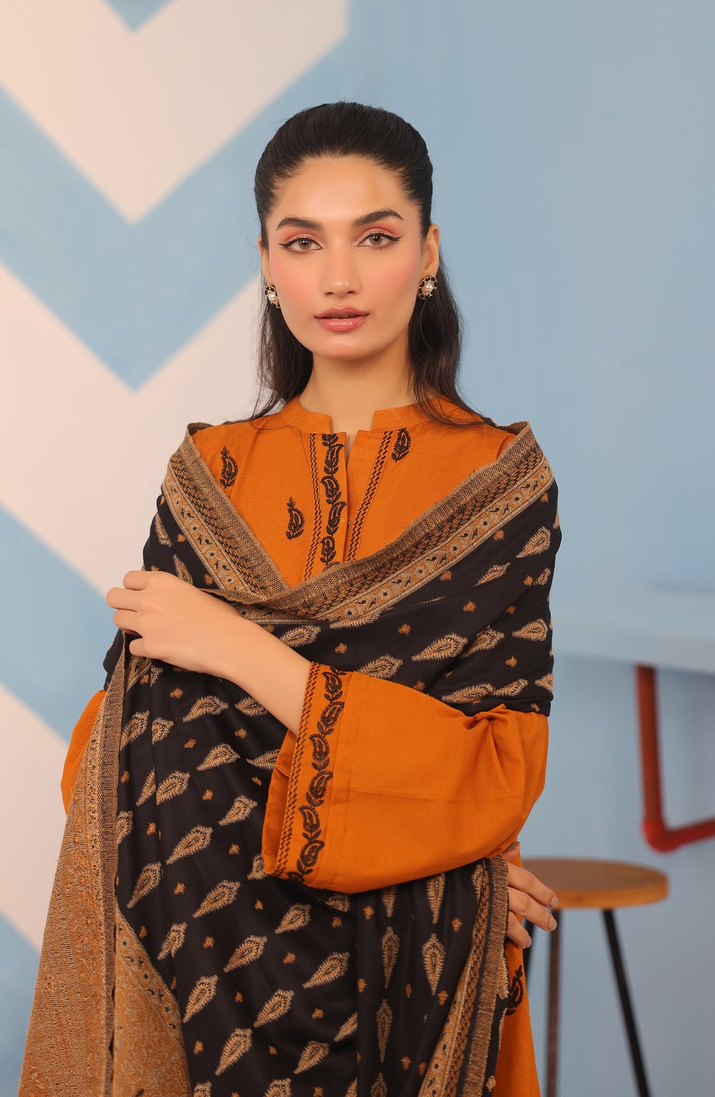 Orient - Stitched 3 Piece Embroidered Khaddar Shirt , Khaddar Pant and JACQUARD Dupatta