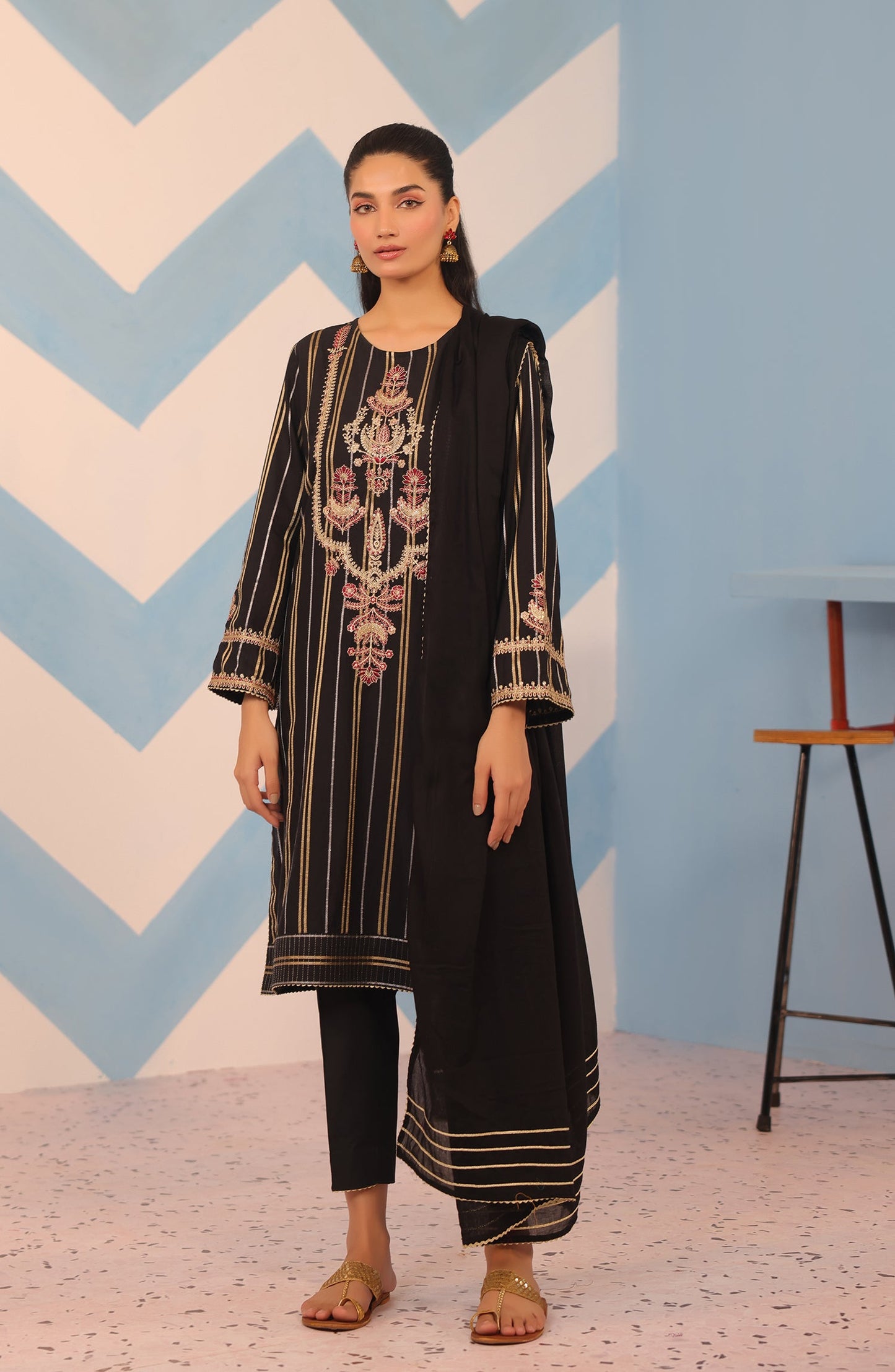 Orient - Stitched 3 Piece Embroidered Jacquard Shirt , Cambric Pant and Dobby Net Dupatta