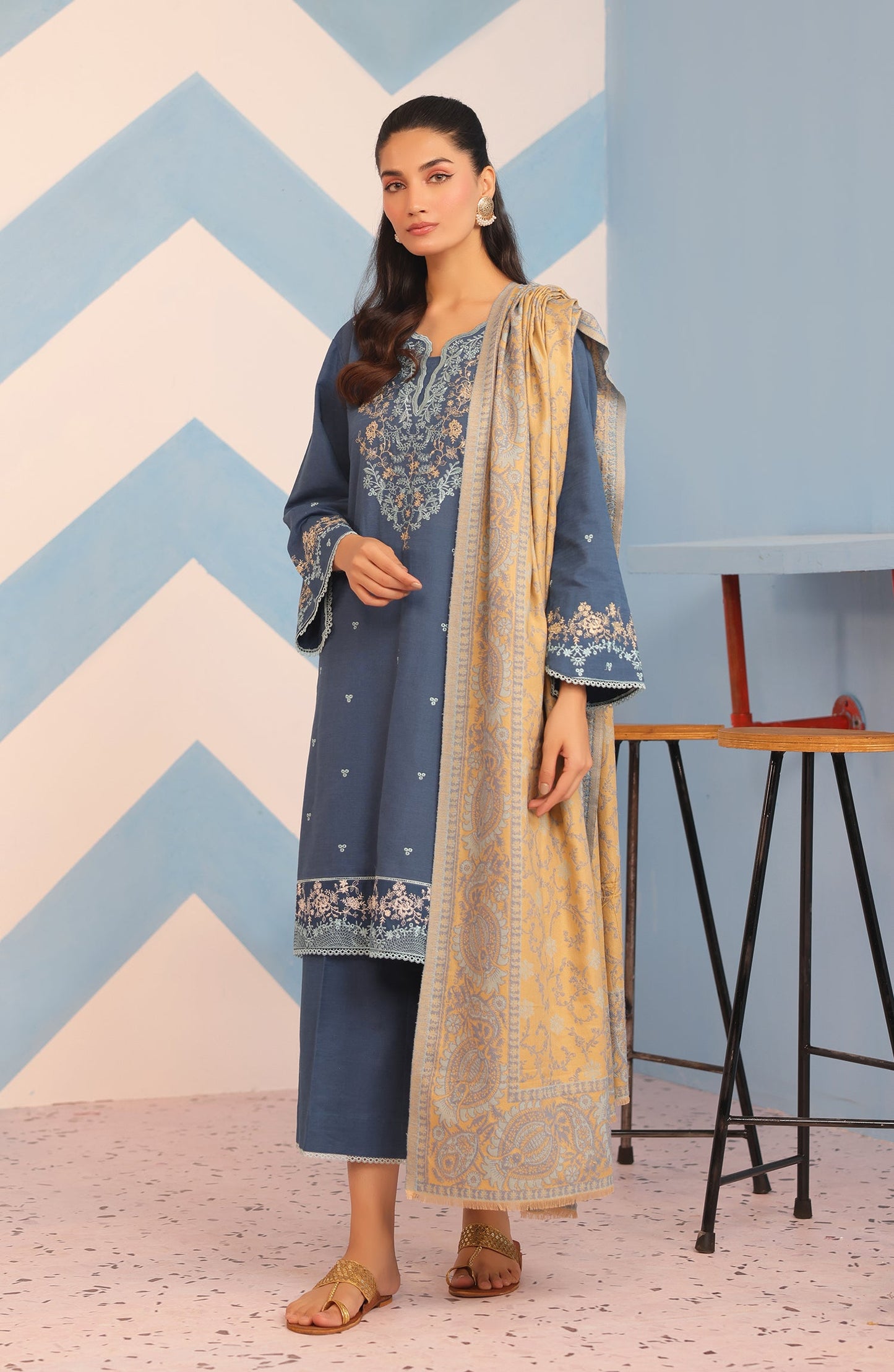 Orient - Stitched 3 Piece Embroidered Khaddar Shirt , Khaddar Pant and JACQUARD Dupatta