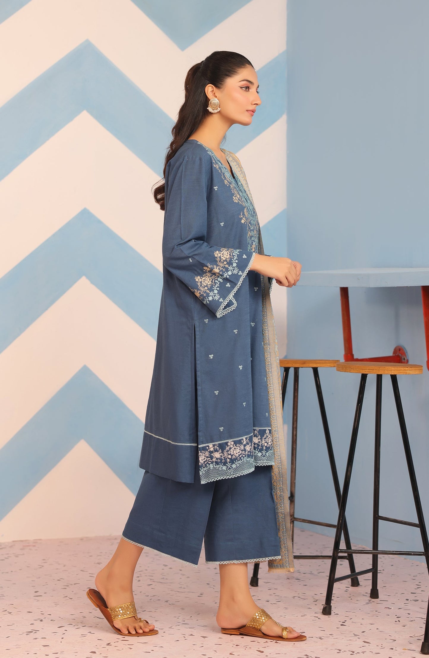 Orient - Stitched 3 Piece Embroidered Khaddar Shirt , Khaddar Pant and JACQUARD Dupatta