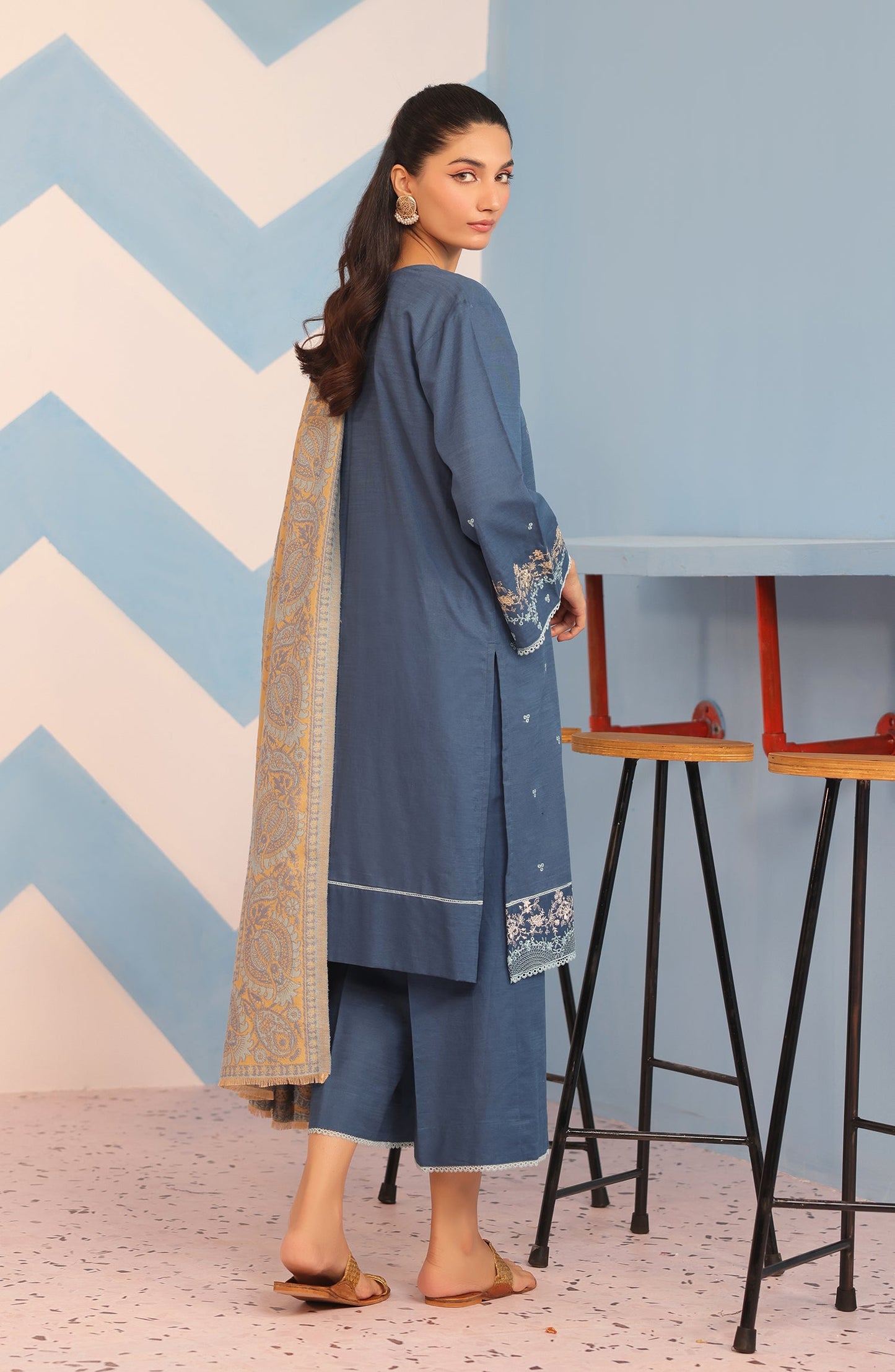 Orient - Stitched 3 Piece Embroidered Khaddar Shirt , Khaddar Pant and JACQUARD Dupatta