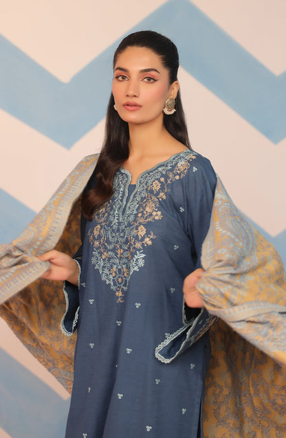 Orient - Stitched 3 Piece Embroidered Khaddar Shirt , Khaddar Pant and JACQUARD Dupatta