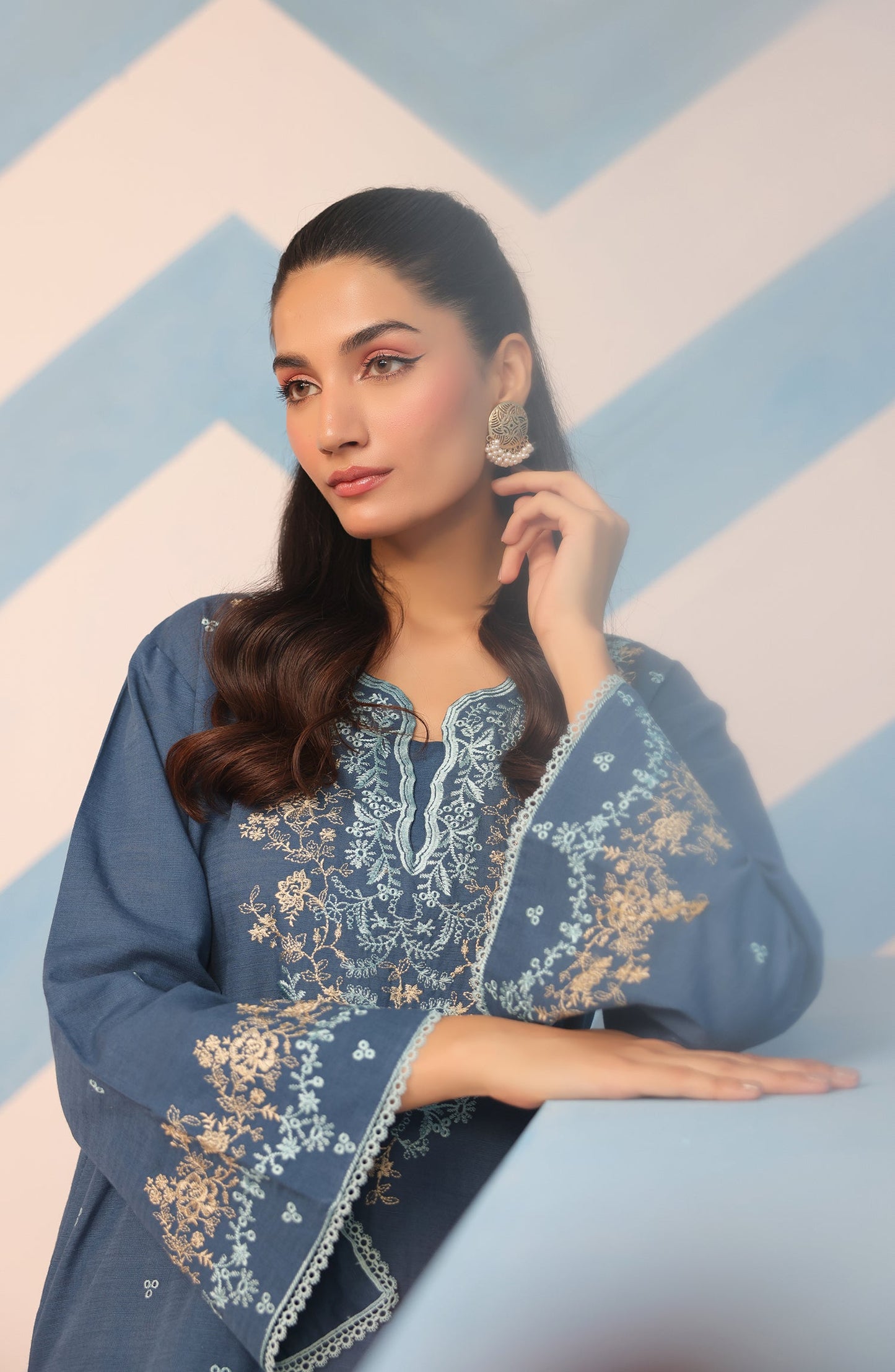 Orient - Stitched 3 Piece Embroidered Khaddar Shirt , Khaddar Pant and JACQUARD Dupatta