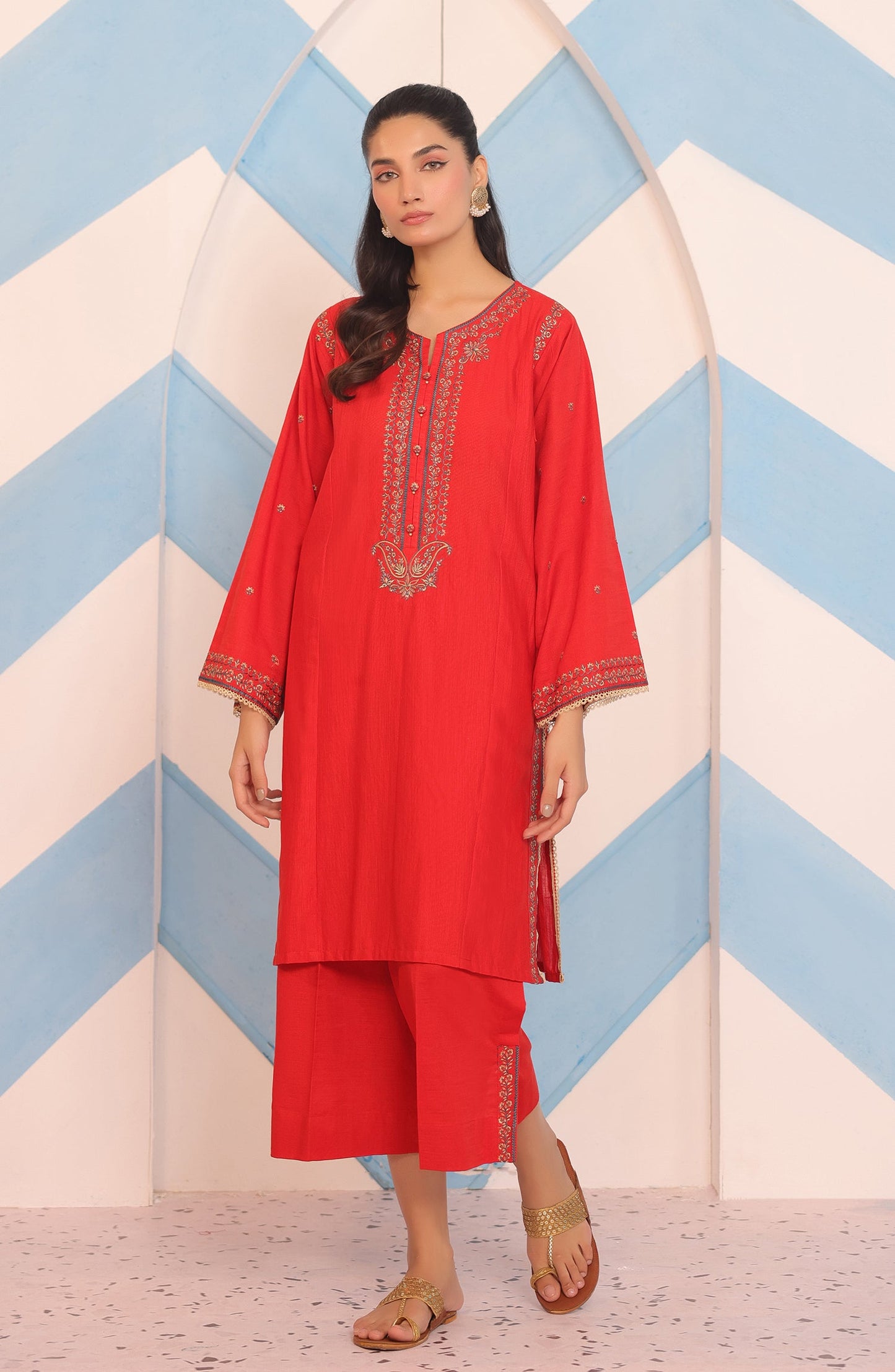Orient - Stitched 3 Piece Embroidered Khaddar Shirt , Khaddar Pant and JACQUARD Dupatta