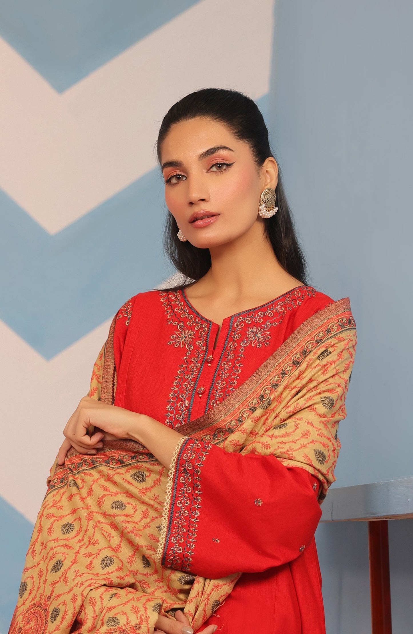 Orient - Stitched 3 Piece Embroidered Khaddar Shirt , Khaddar Pant and JACQUARD Dupatta