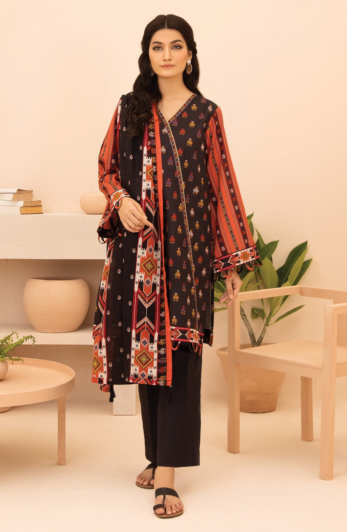 Orient - Unstitched 3 Piece Printed Lawn Shirt , Dyed Textured Pant and Lawn Dupatta