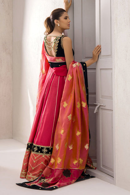 Cranberry Khaddi Silk Peshwas With Attached Velvet Bodice.