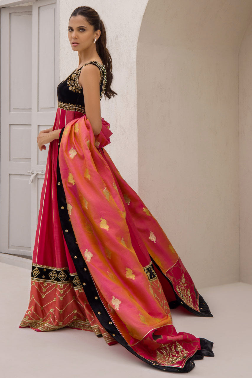 Cranberry Khaddi Silk Peshwas With Attached Velvet Bodice.