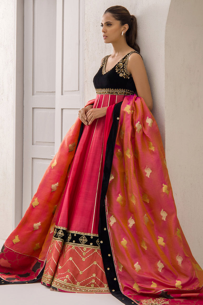 Cranberry Khaddi Silk Peshwas With Attached Velvet Bodice.