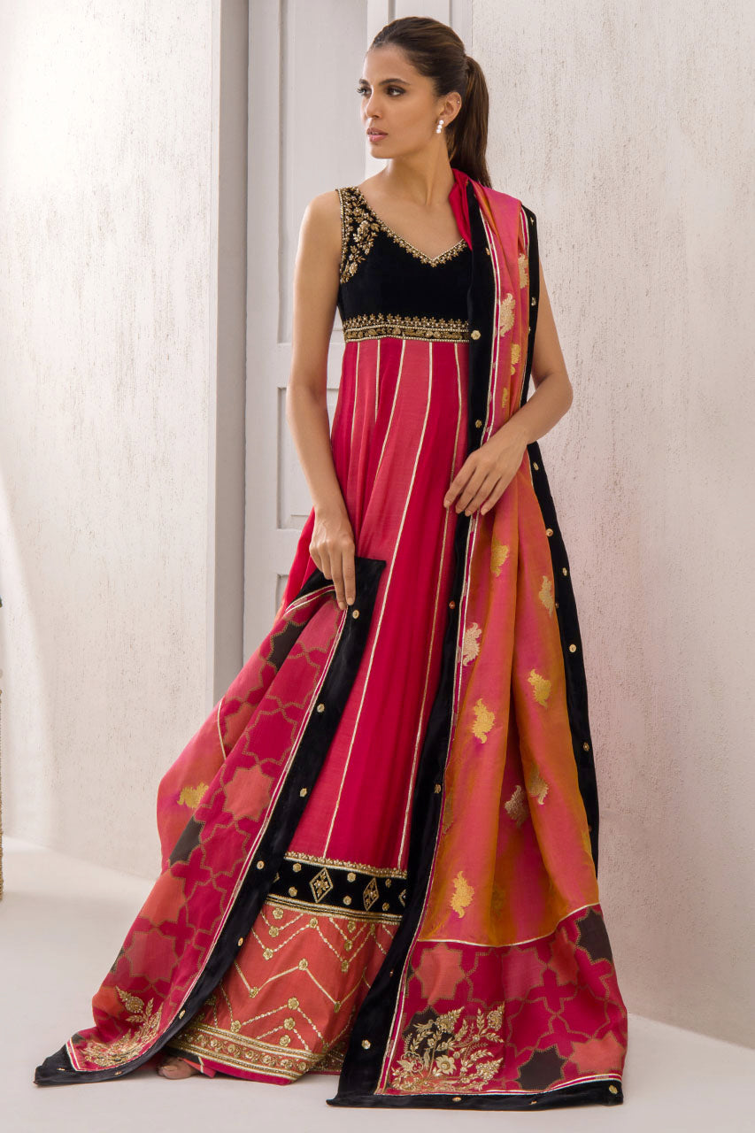 Cranberry Khaddi Silk Peshwas With Attached Velvet Bodice.