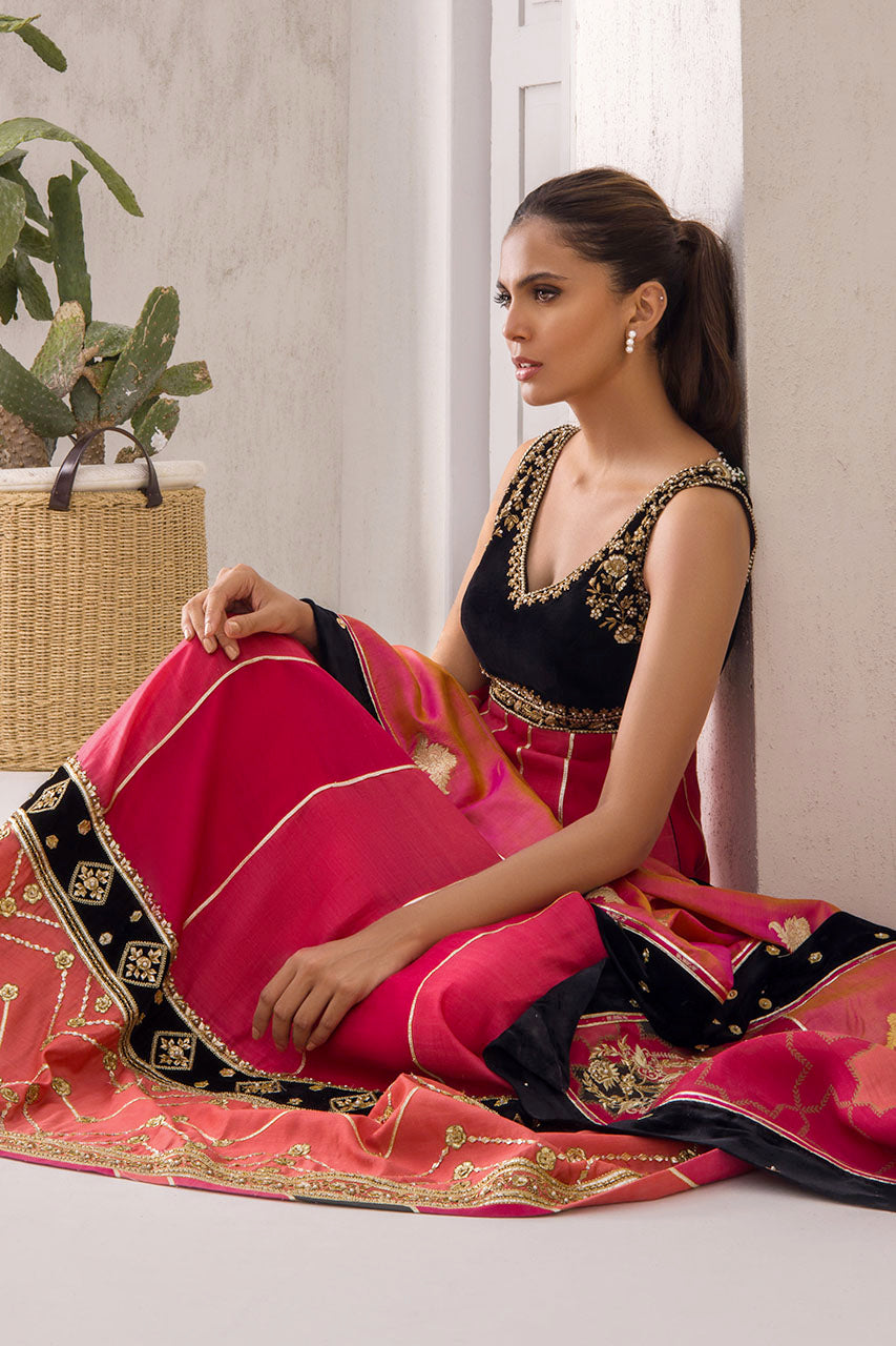 Cranberry Khaddi Silk Peshwas With Attached Velvet Bodice.