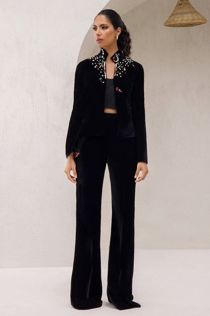 Black Embellished Velvet Jacket With Inner Choli And Matching Velvet Trousers