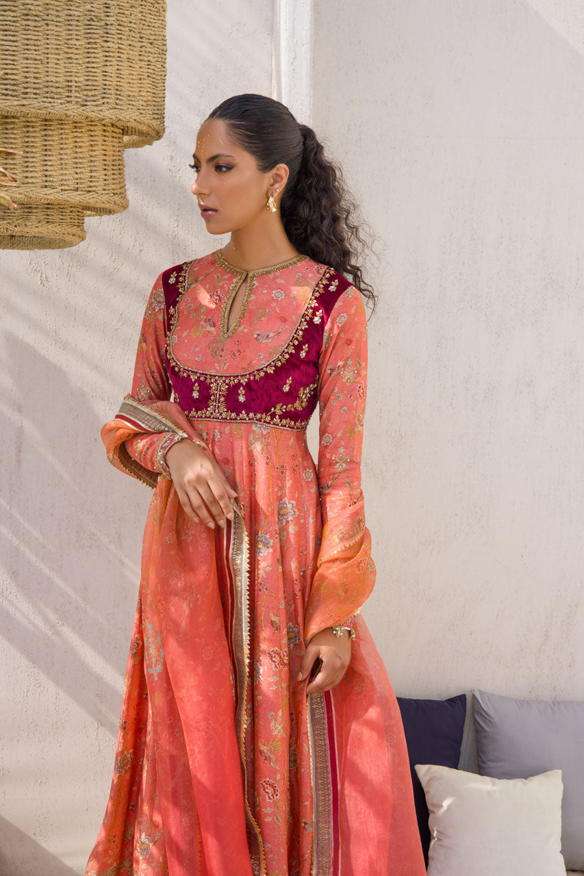 Coral Printed Khaddi Silk Worked Peshwas With Printed Organza Dupatta