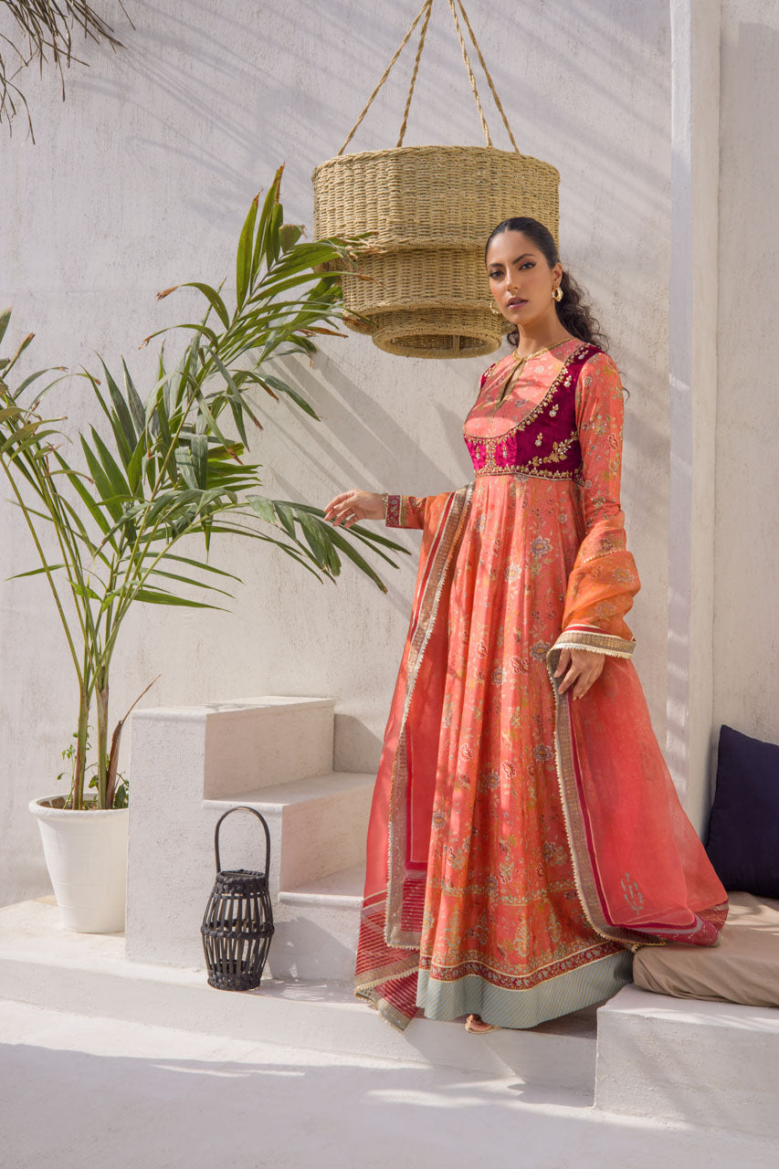 Coral Printed Khaddi Silk Worked Peshwas With Printed Organza Dupatta