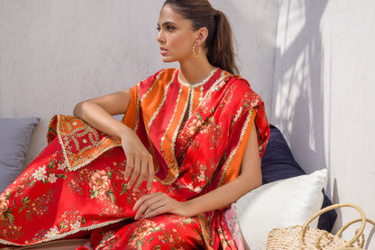 Bright Coral Embellished Khaddi Silk Cape With Printed Draped Sari