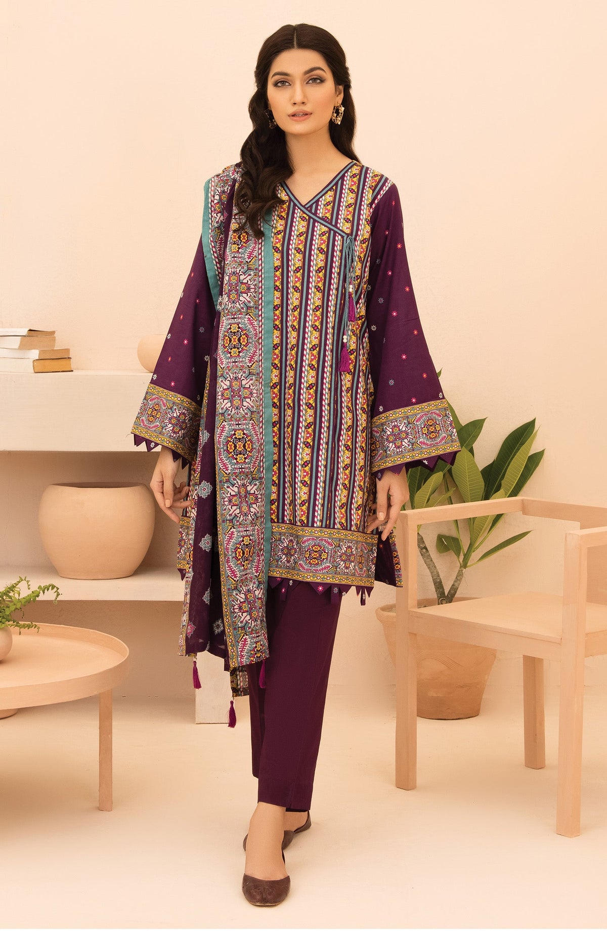 Orient - Unstitched 3 Piece Printed Lawn Shirt , Dyed Textured Pant and Lawn Dupatta