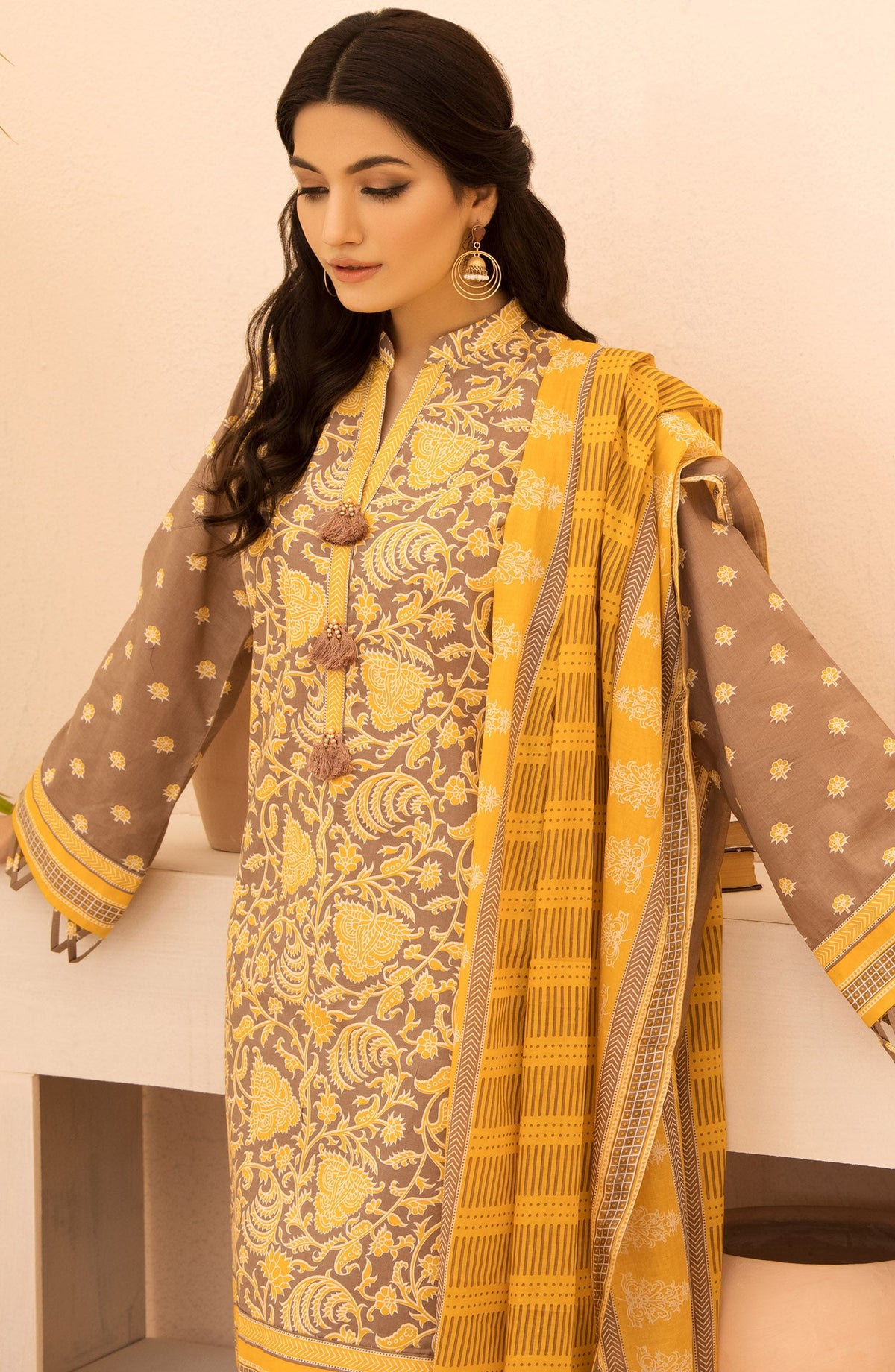 Orient - Unstitched 3 Piece Printed  Lawn Shirt , Dyed Textured Pant and Lawn Dupatta