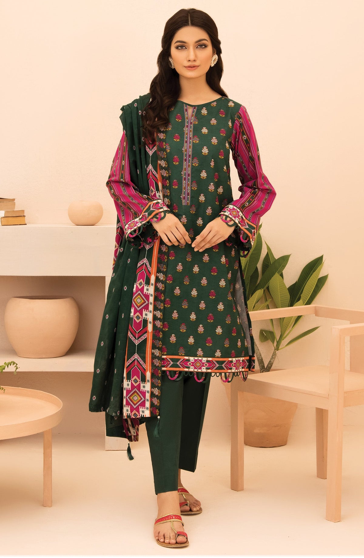 Orient - Unstitched 3 Piece Printed Lawn Shirt , Dyed Textured Pant and Lawn Dupatta