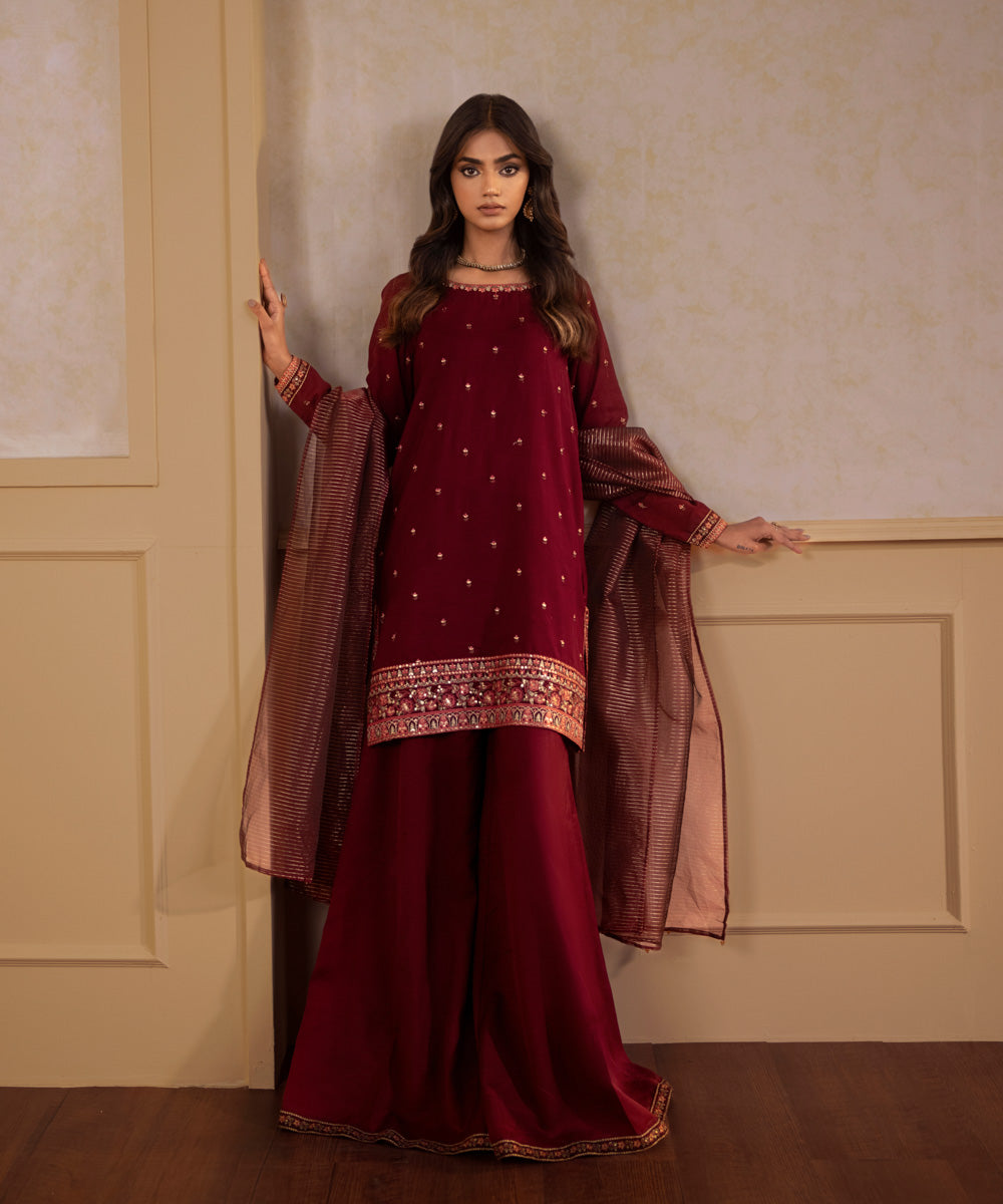 Sapphire - 3 Piece - Embroidered Raw Silk Suit