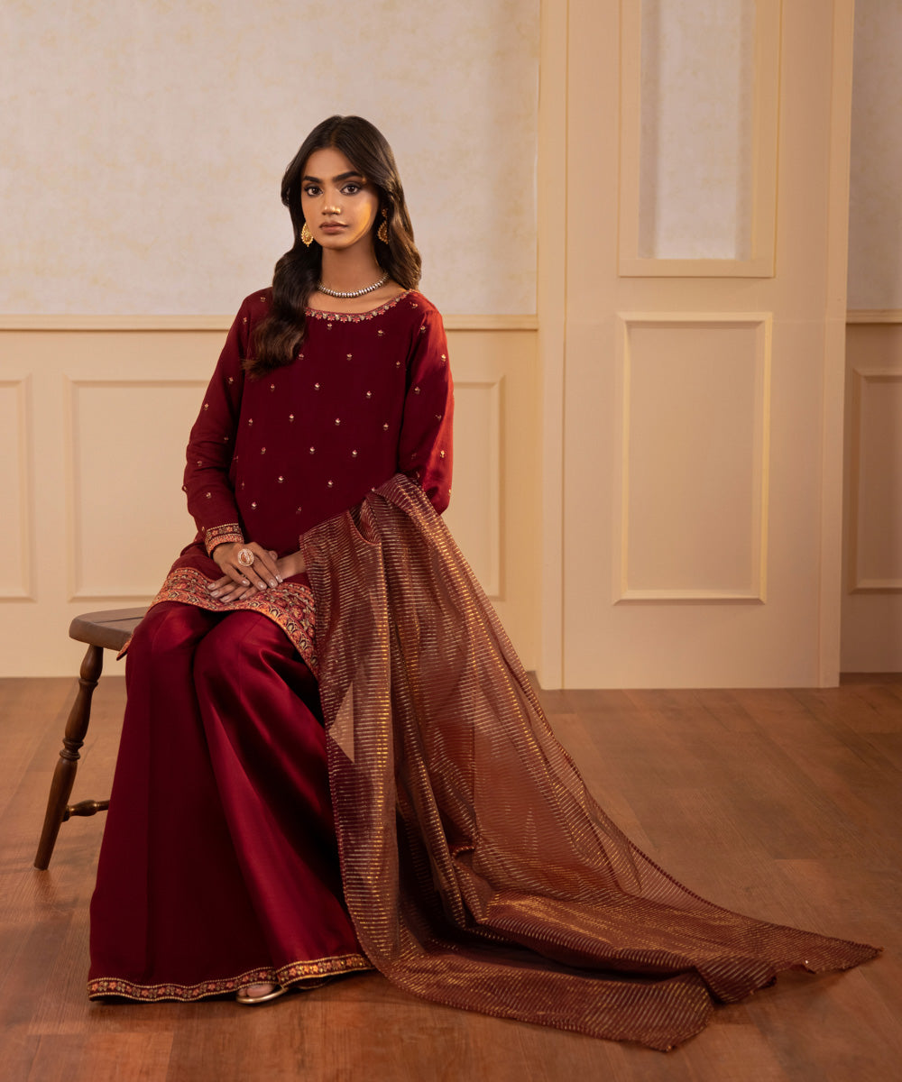 Sapphire - 3 Piece - Embroidered Raw Silk Suit